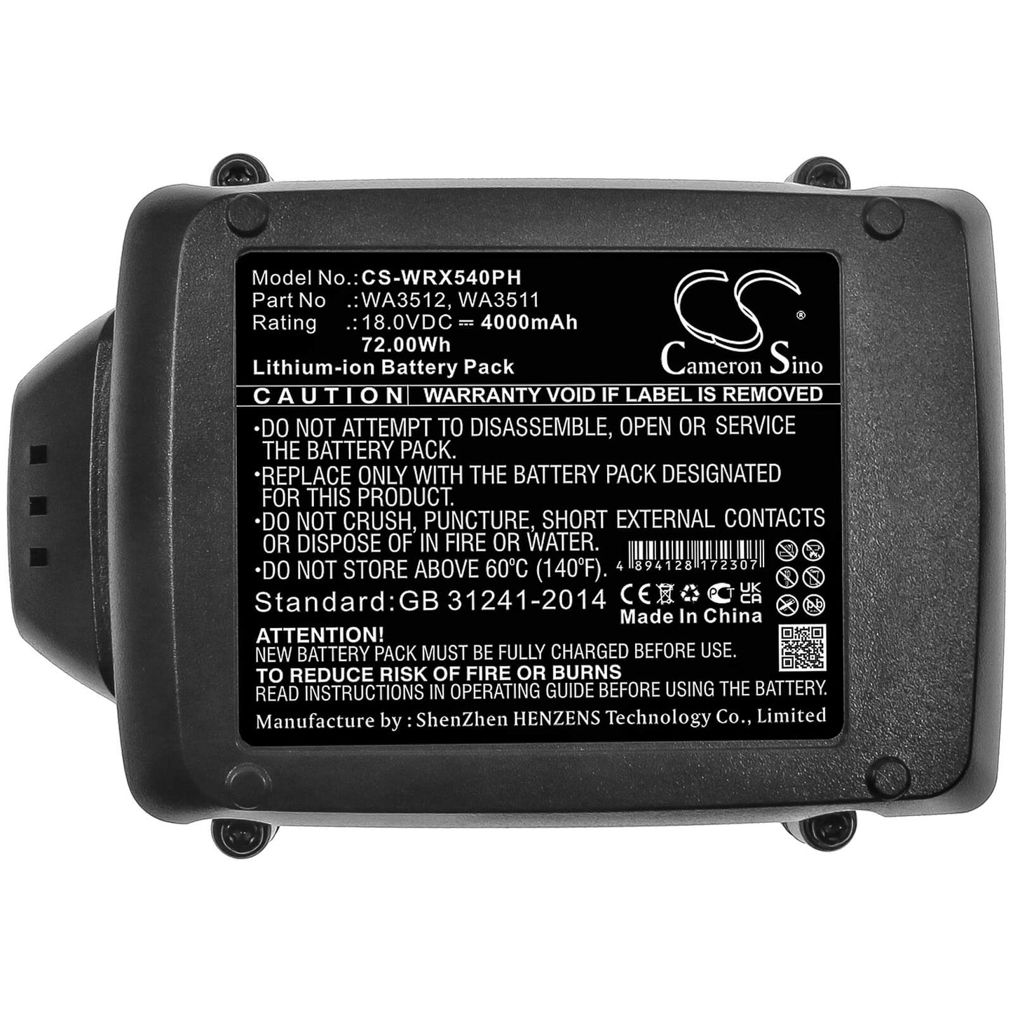 18.0V, 4000mAh, Li-ion Battery fits Worx, Rw9161, Wg150, 72Wh