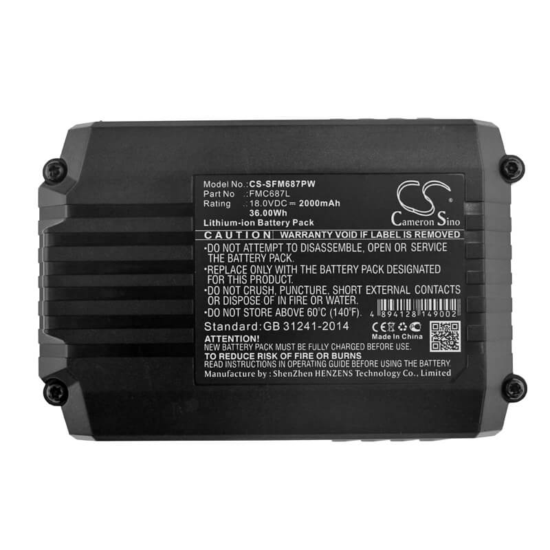 18.0V, 2000mAh, Li-ion Battery fits Stanley, Fmc625d2, Fmc645d2, 36Wh