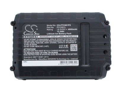 18.0V, 4000mAh, Li-ion Battery fits Porter Cable, Pcc600, Pcc601, 72Wh