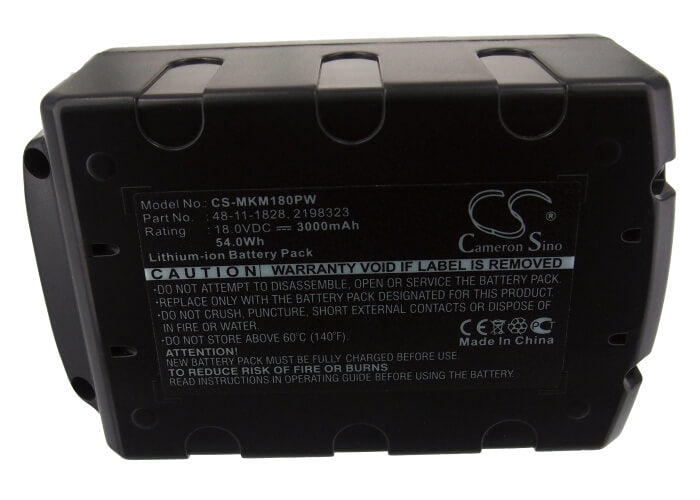 18.0V, 3000mAh, Li-ion Battery fits Milwaukee, 0880-20, 2601, 54Wh