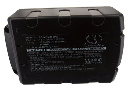 18.0V, 3000mAh, Li-ion Battery fits Milwaukee, 0880-20, 2601, 54Wh