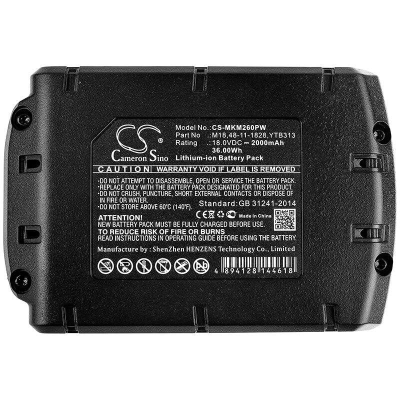 18.0V, 2000mAh, Li-ion Battery fits Milwaukee, 0880-20, 2601, 36Wh