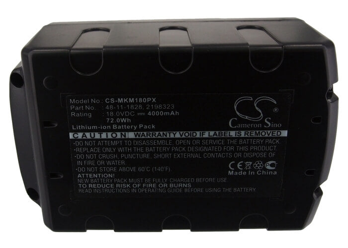 18.0V, 4000mAh, Li-ion Battery fits Milwaukee, 0880-20, 2601, 72Wh
