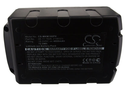 18.0V, 4000mAh, Li-ion Battery fits Milwaukee, 0880-20, 2601, 72Wh