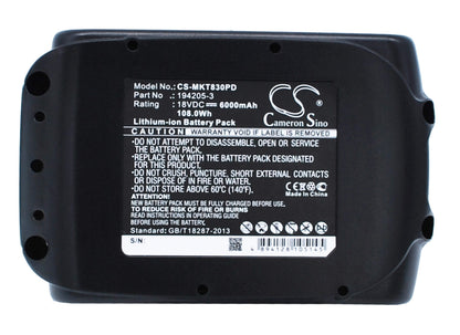 18.0V, 6000mAh, Li-ion Battery fits Makita, Bbo180, Bbo180z, 108Wh