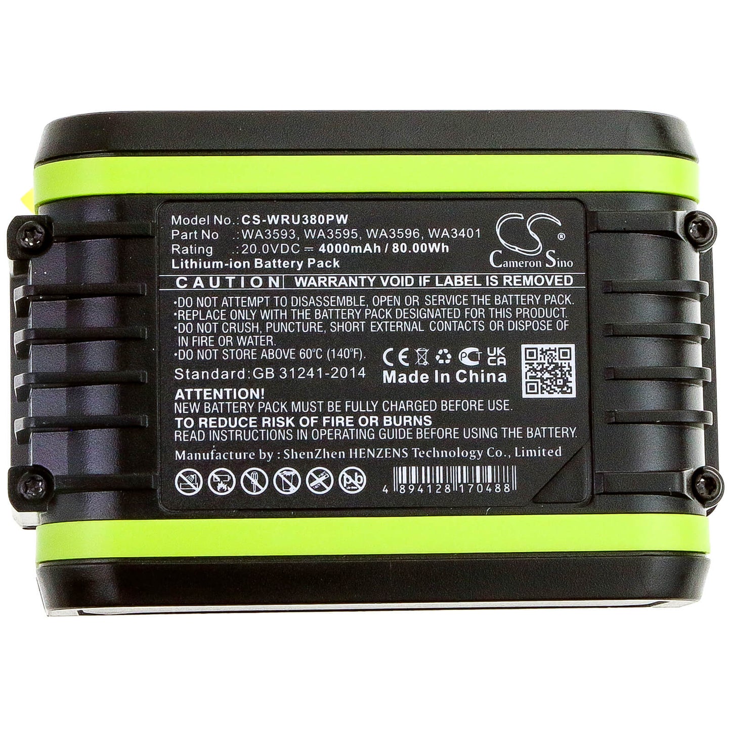 20.0V, 4000mAh, Li-ion Battery fits Worx, Wu172, Wu185, 80Wh