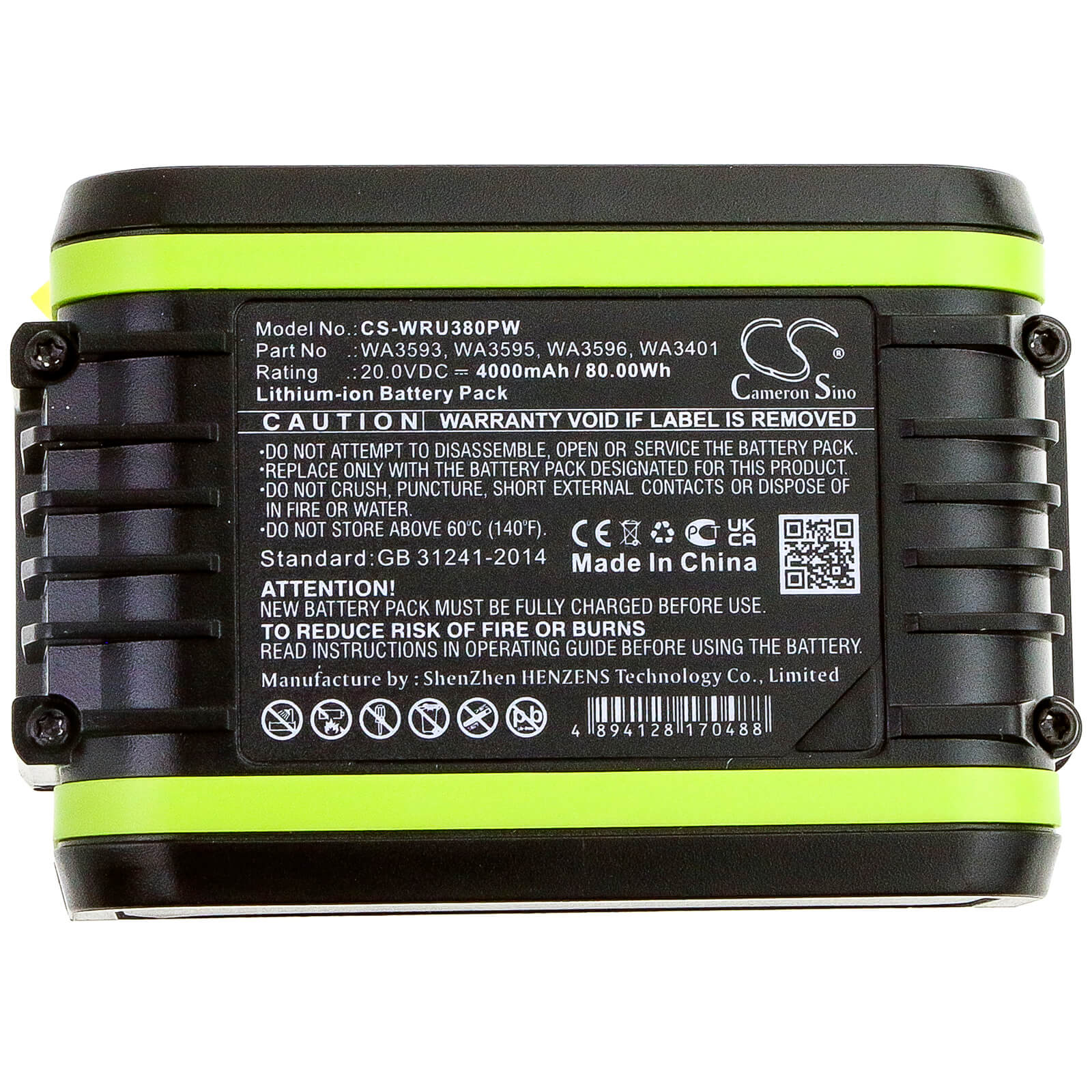 20.0V, 4000mAh, Li-ion Battery fits Worx, Wu172, Wu185, 80Wh