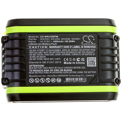 20.0V, 4000mAh, Li-ion Battery fits Worx, Wu172, Wu185, 80Wh