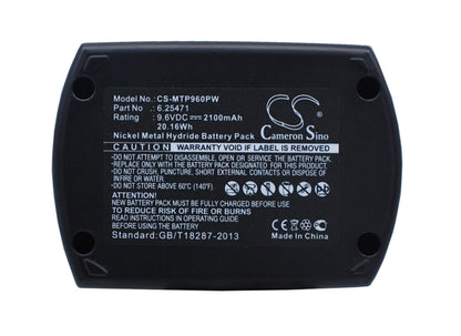 9.6V, 2100mAh, Ni-MH Battery fits Metabo, Bs 9.6, Bs9.6, 20.16Wh