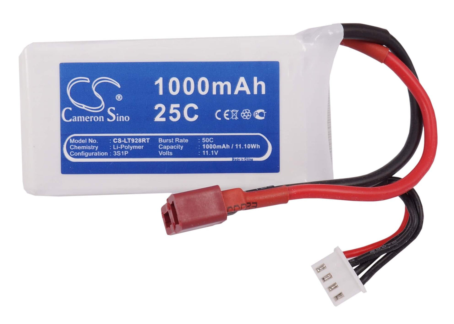 11.1V, 1000mAh, Li-Polymer Battery fits Cameron Sino, RC Cars Cs-lt928rt, 11.1Wh