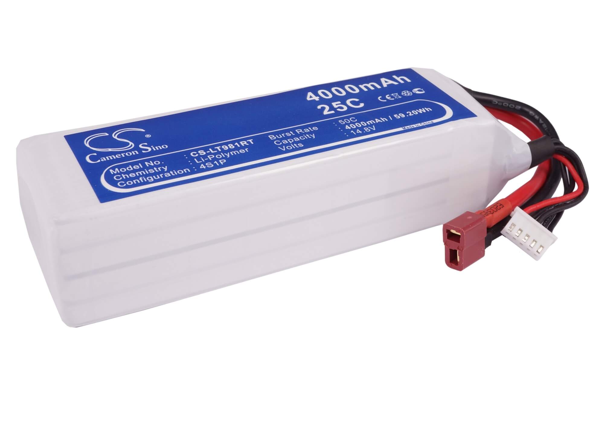 14.8V, 4000mAh, Li-Polymer Battery fits Cameron Sino, RC Fpv Cs-lt981rt, 59.2Wh