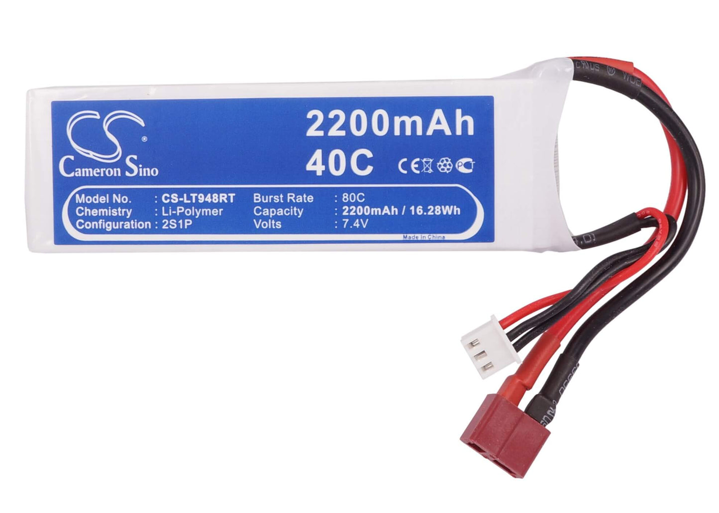 7.4V, 2200mAh, Li-Polymer Battery fits Cameron Sino, RC Fpv Cs-lt948rt, 16.28Wh
