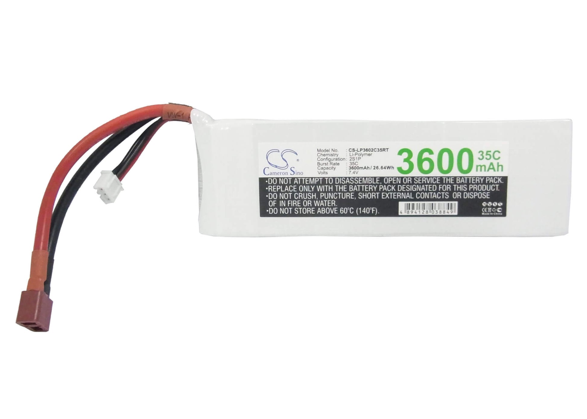 7.4V, 3600mAh, Li-Polymer Battery fits Cameron Sino, RC Helicopters Cs-lp3602c35rt, 26.64Wh