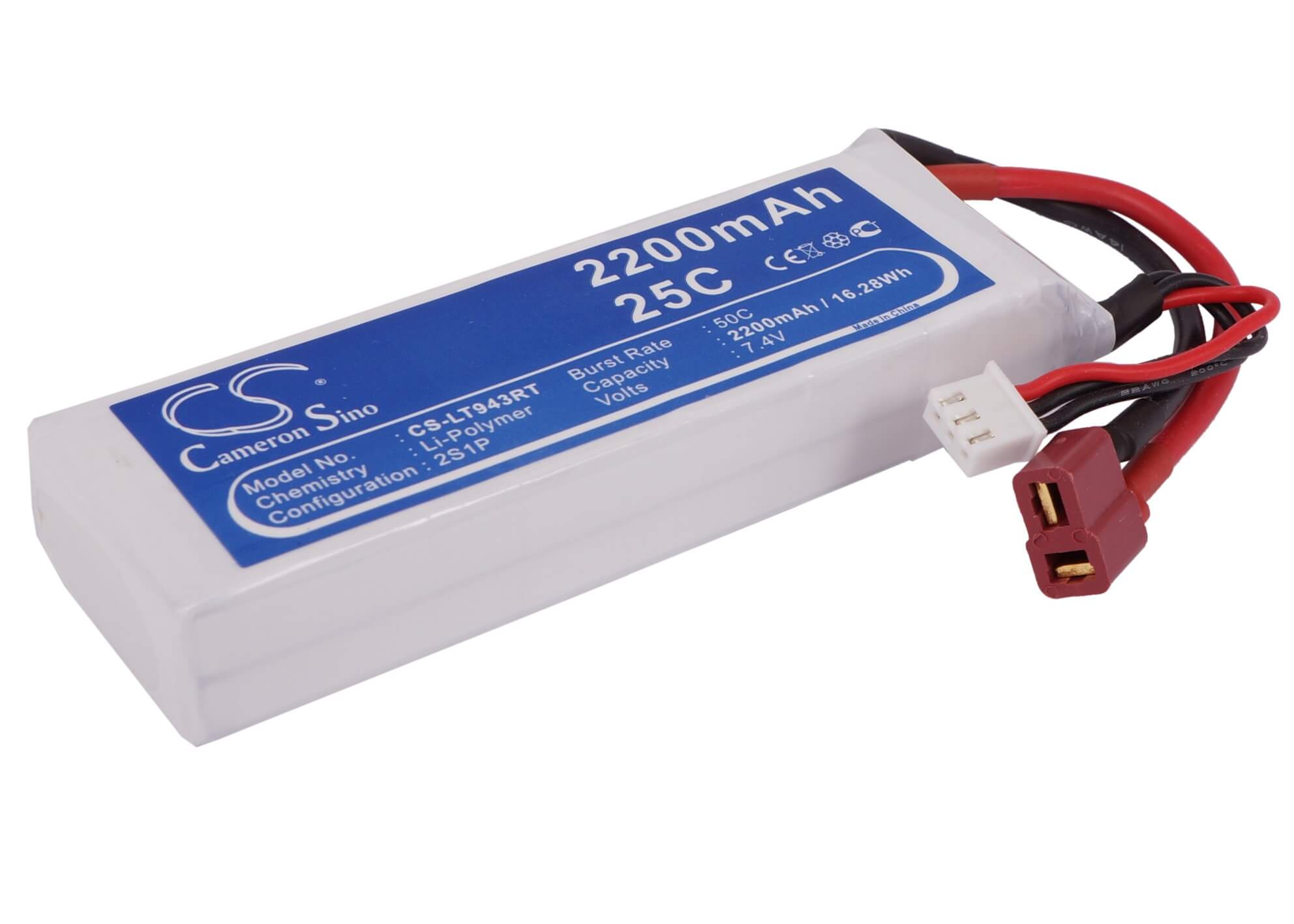 7.4V, 2200mAh, Li-Polymer Battery fits Cameron Sino, RC Helicopters Cs-lt943rt, 16.28Wh