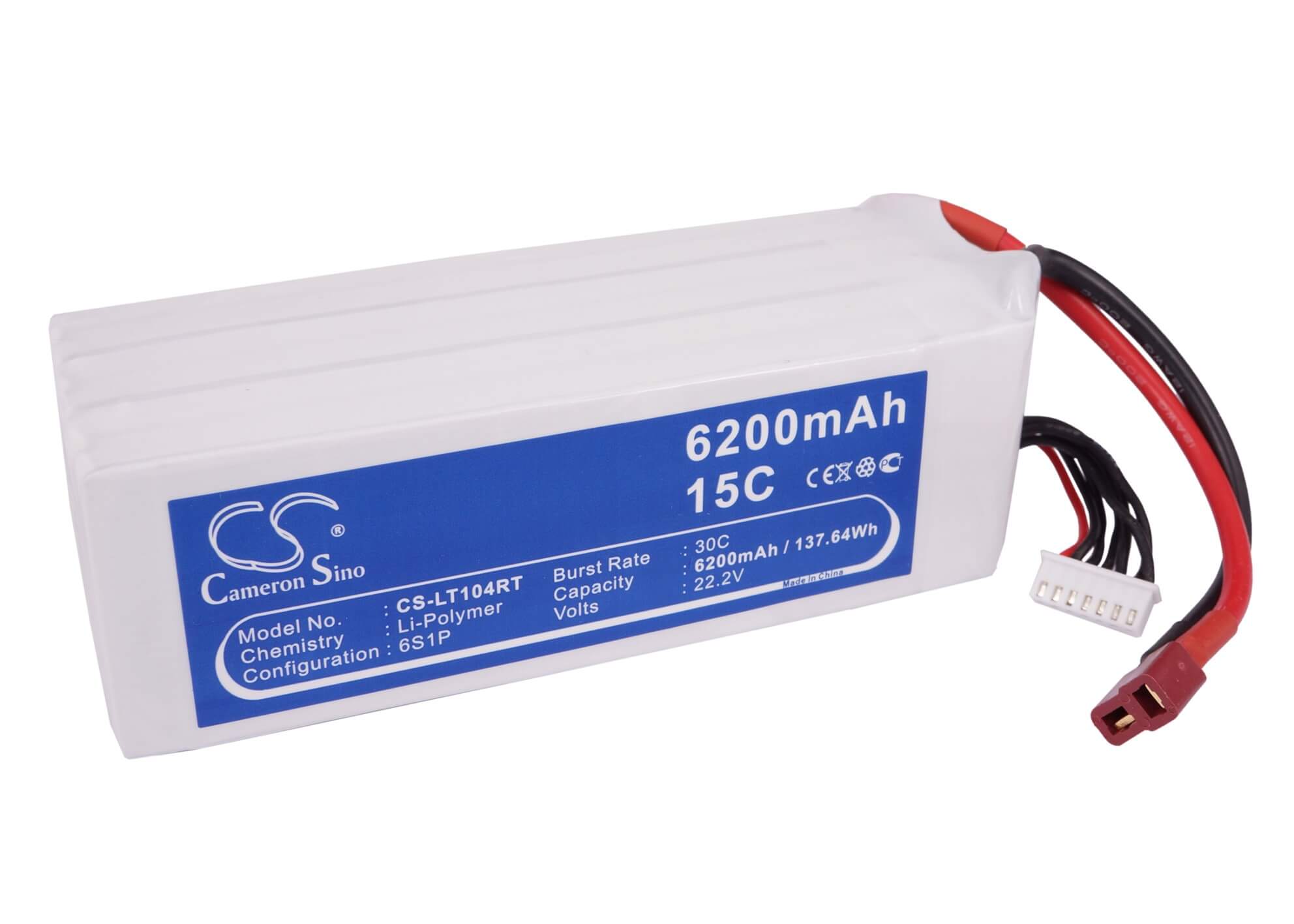 22.2V, 6200mAh, Li-Polymer Battery fits Cameron Sino, RC Tanks Cs-lt104rt, 137.64Wh