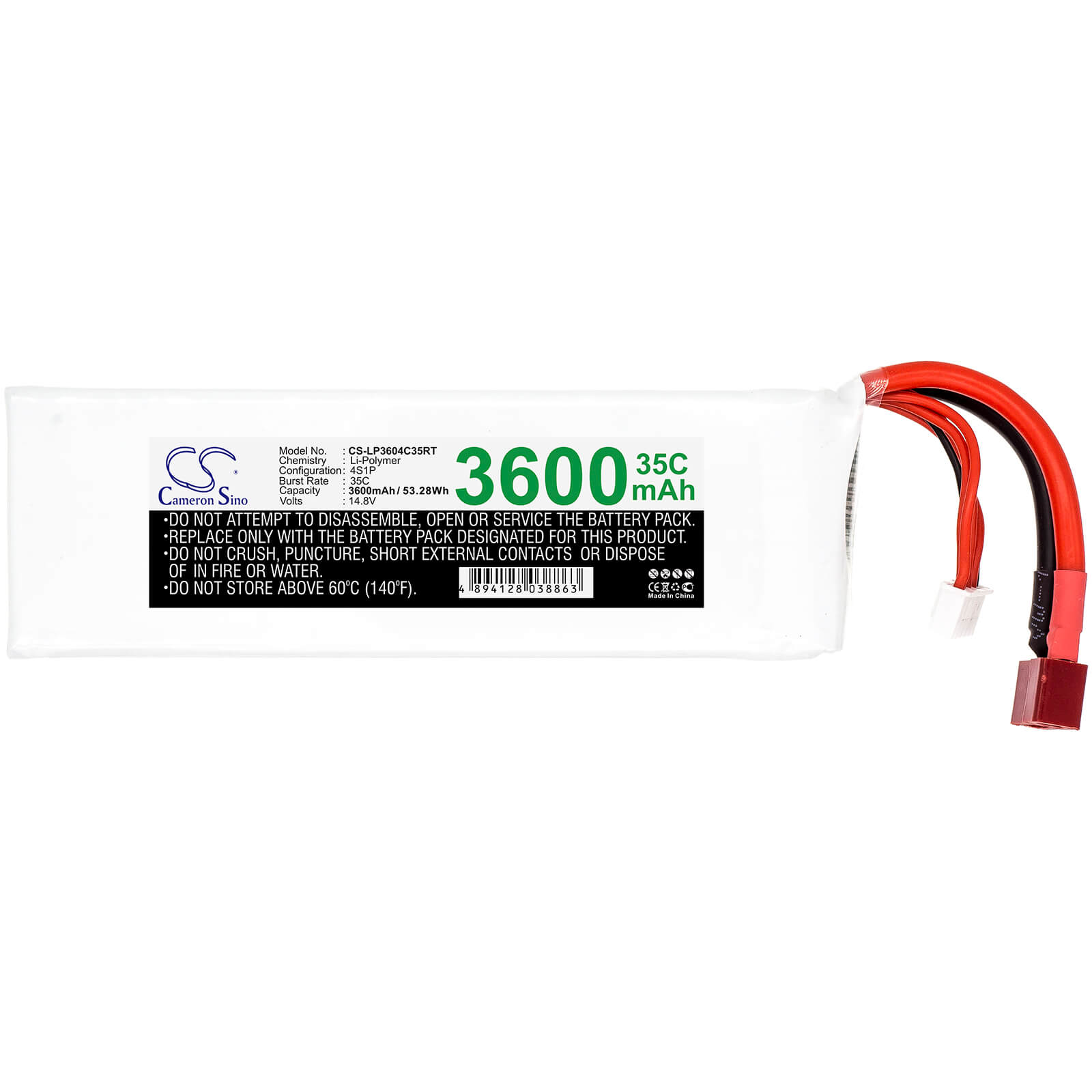14.8V, 3600mAh, Li-Polymer Battery fits Cameron Sino, RC Tanks Cs-lp3604c35rt, 53.28Wh
