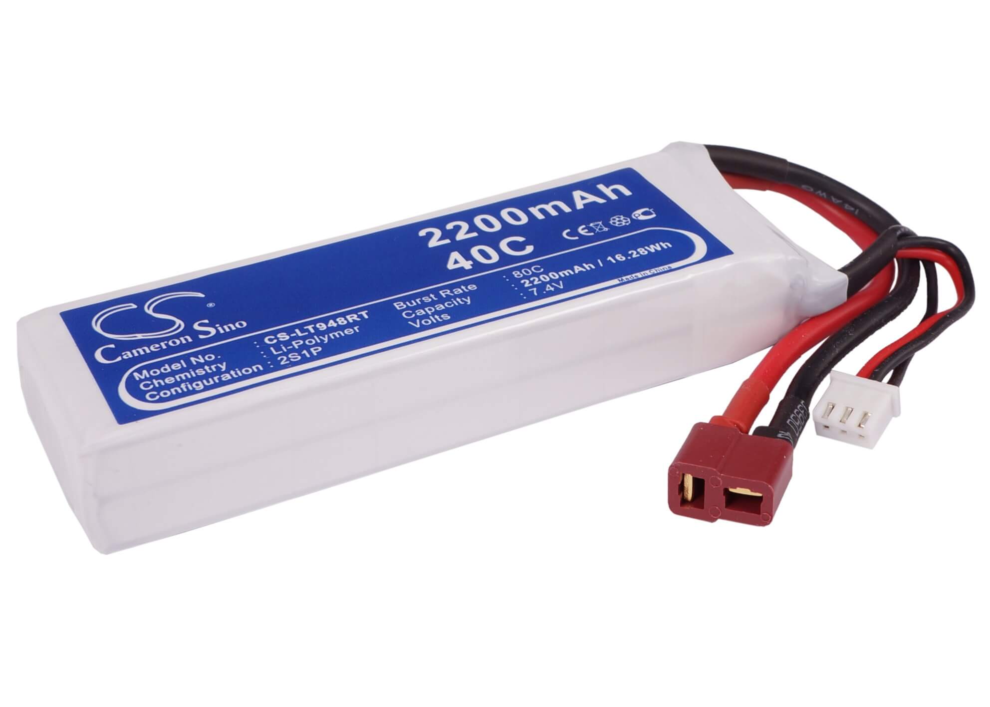 7.4V, 2200mAh, Li-Polymer Battery fits Cameron Sino, RC Tanks Cs-lt948rt, 16.28Wh