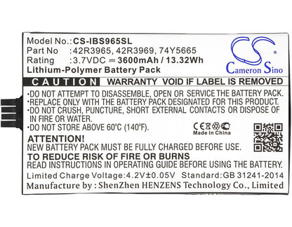3.7V, 3600mAh, Li-Polymer Battery fits Ibm, 45906, 571f, 13.32Wh