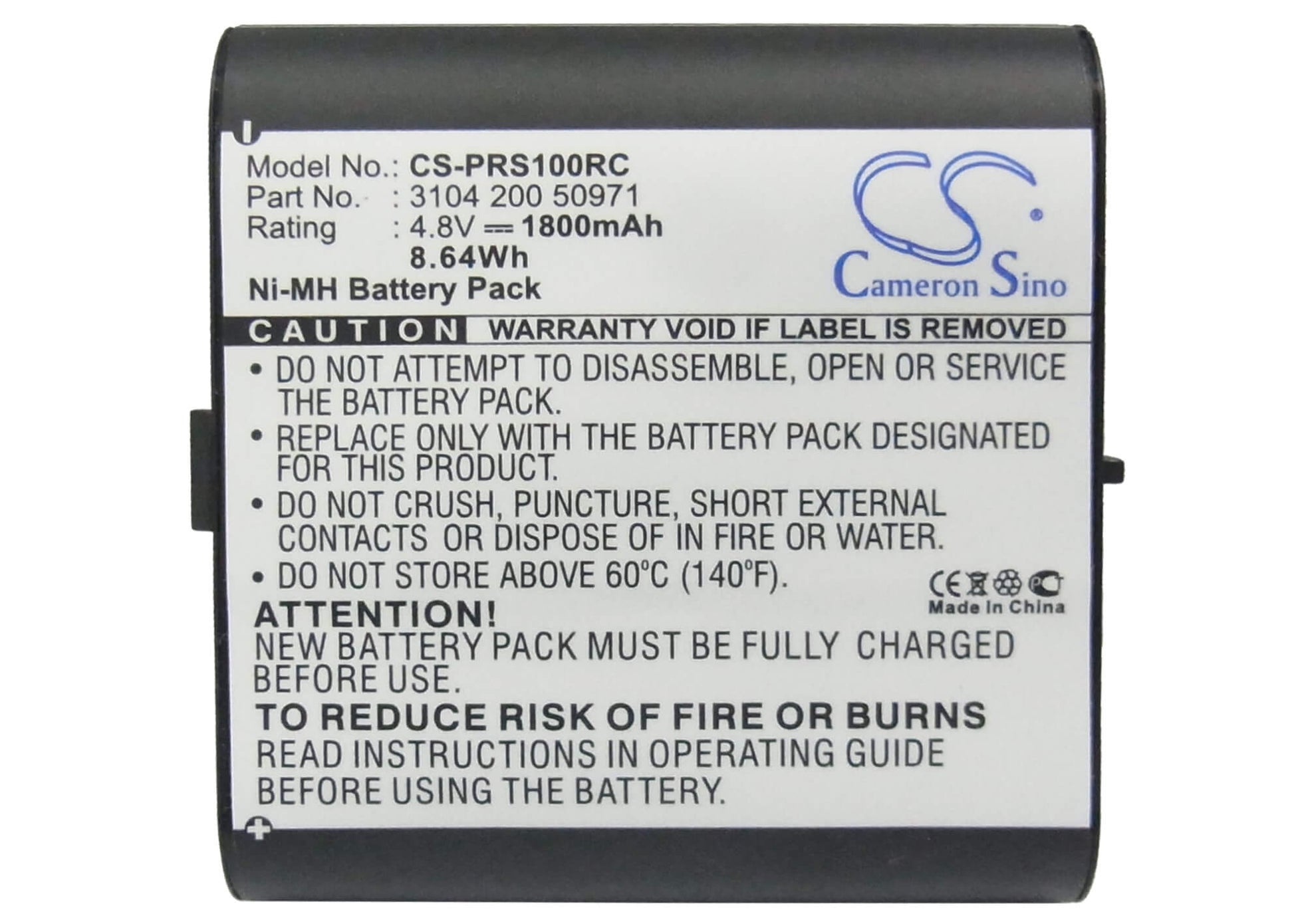 4.8V, 1800mAh, Ni-MH Battery fits Philips, Pronto Ds1000, Pronto Rc5000, 8.64Wh
