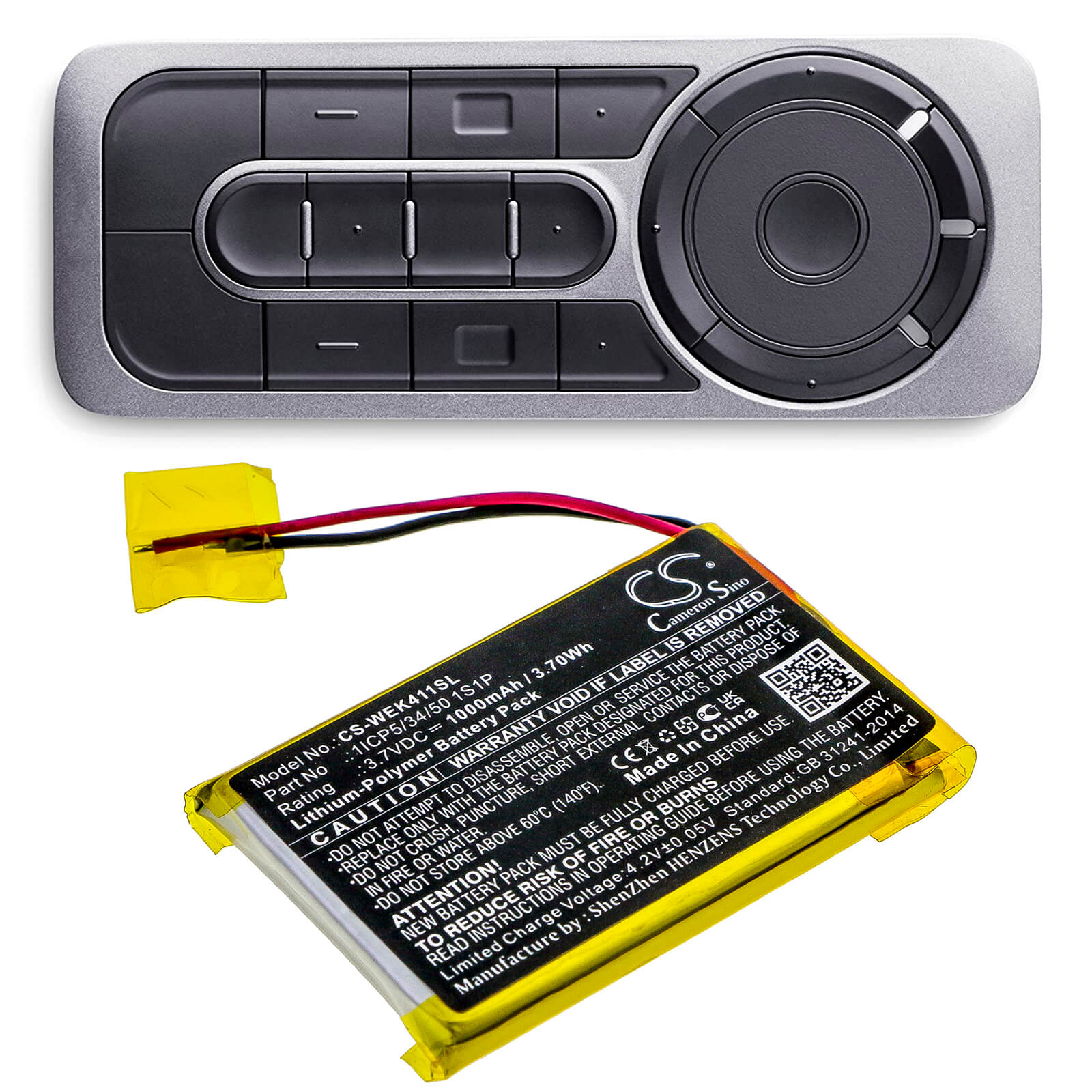 3.7V, 1000mAh, Li-Polymer Battery fits Wacom, Ack411050, Express Key Remote, 3.7Wh
