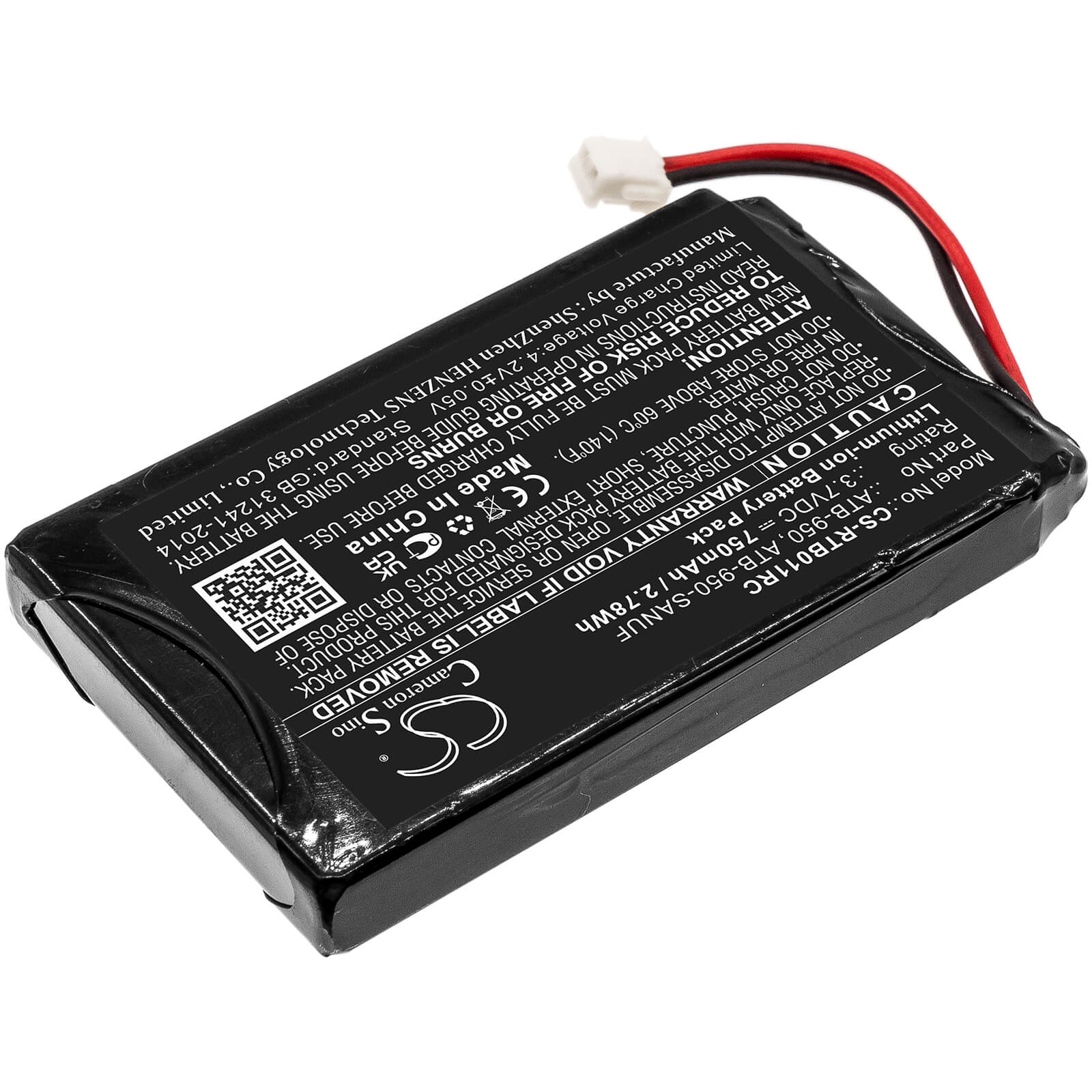 3.7V, 750mAh, Li-ion Battery fits Rti, T1, T1b, 2.775Wh