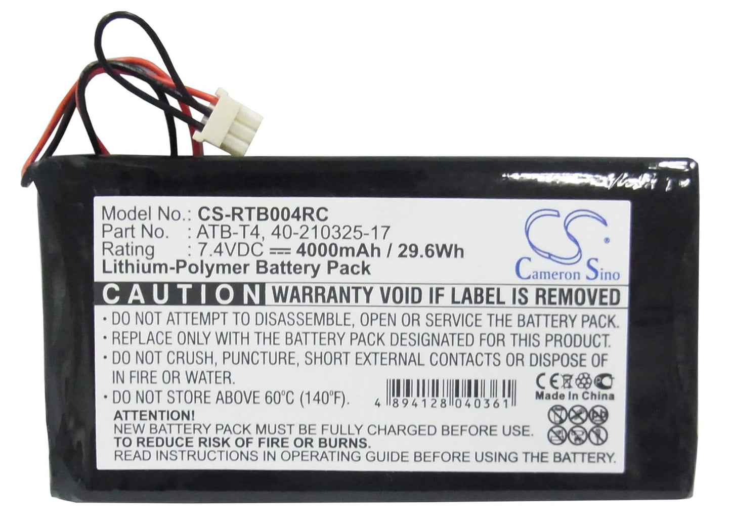 7.4V, 4000mAh, Li-Polymer Battery fits Rti, T4, T4 Touch Panel, 29.6Wh
