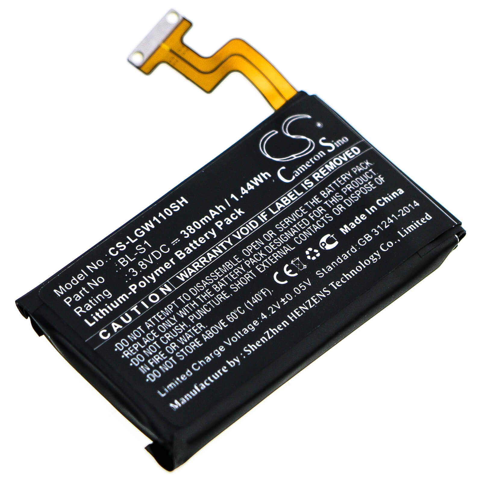 3.8V, 380mAh, Li-Polymer Battery fits Lg, G Watch W100, 1.444Wh