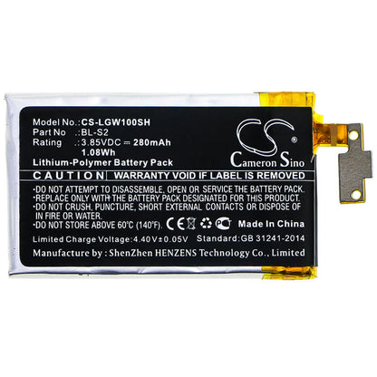 3.85V, 280mAh, Li-Polymer Battery fits Lg, W100, Watch R, 1.078Wh