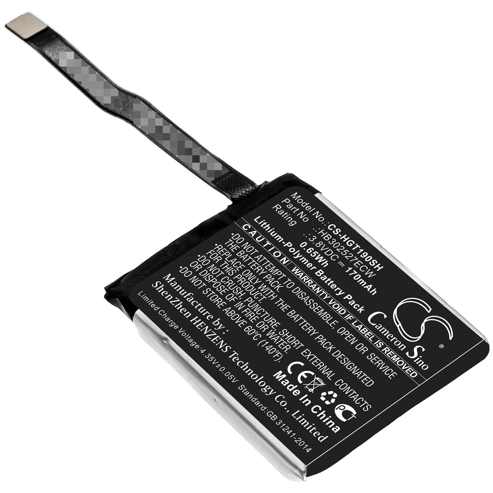 3.8V, 170mAh, Li-Polymer Battery fits Huawei, Magic Gt, Tls-b19, 0.646Wh