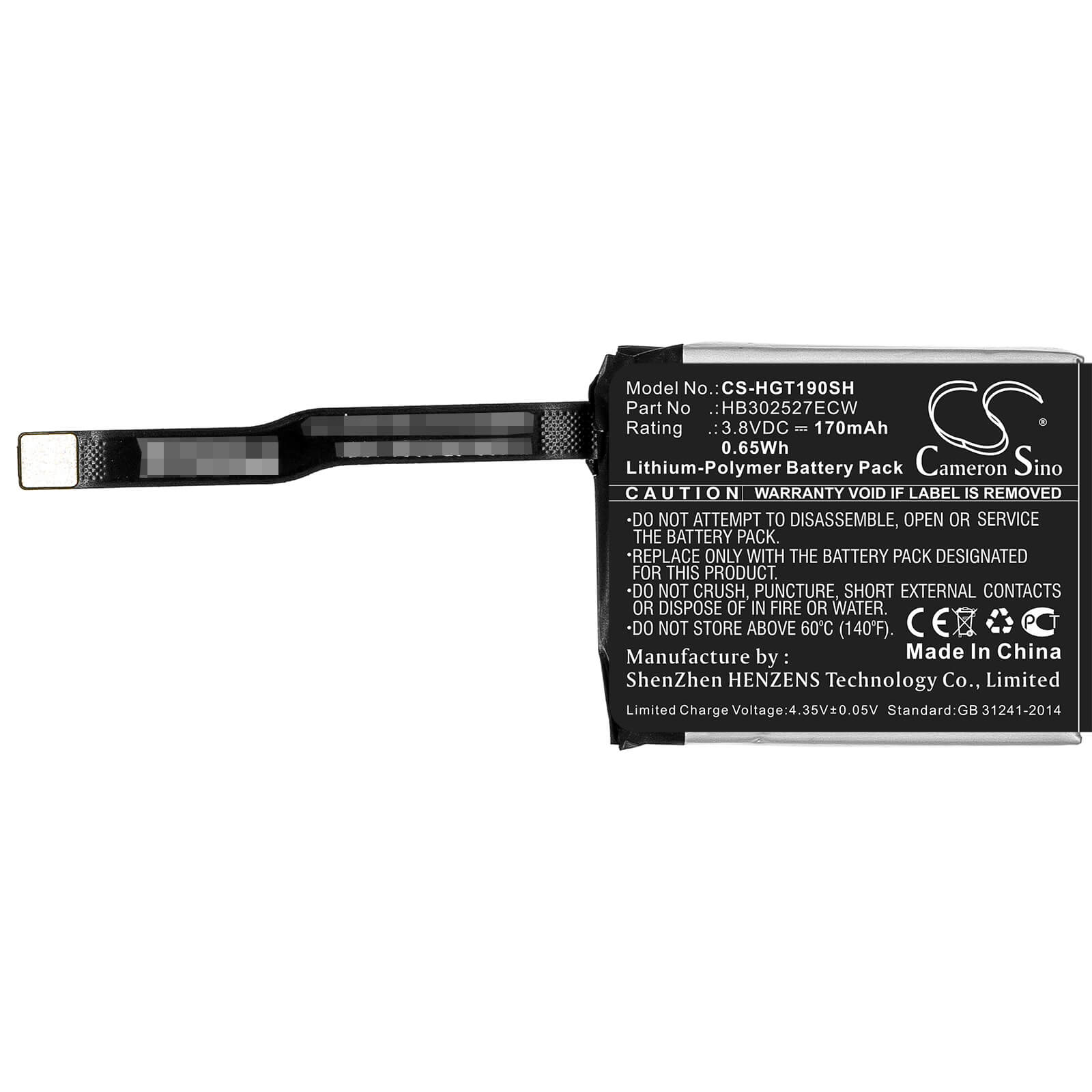 3.8V, 170mAh, Li-Polymer Battery fits Huawei, Magic Gt, Tls-b19, 0.646Wh