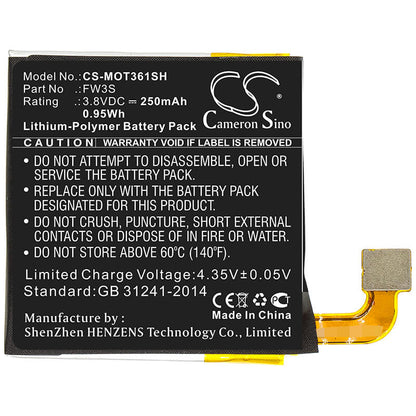 3.8V, 250mAh, Li-Polymer Battery fits Motorola, Moto 360 2nd, Moto 360 2rd, 0.95Wh