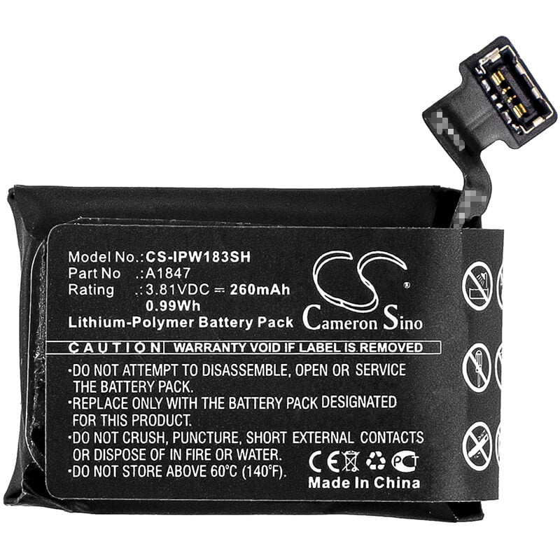 3.81V, 260mAh, Li-Polymer Battery fits Apple, A1860, Watch Series 3 38mm, 0.9906Wh