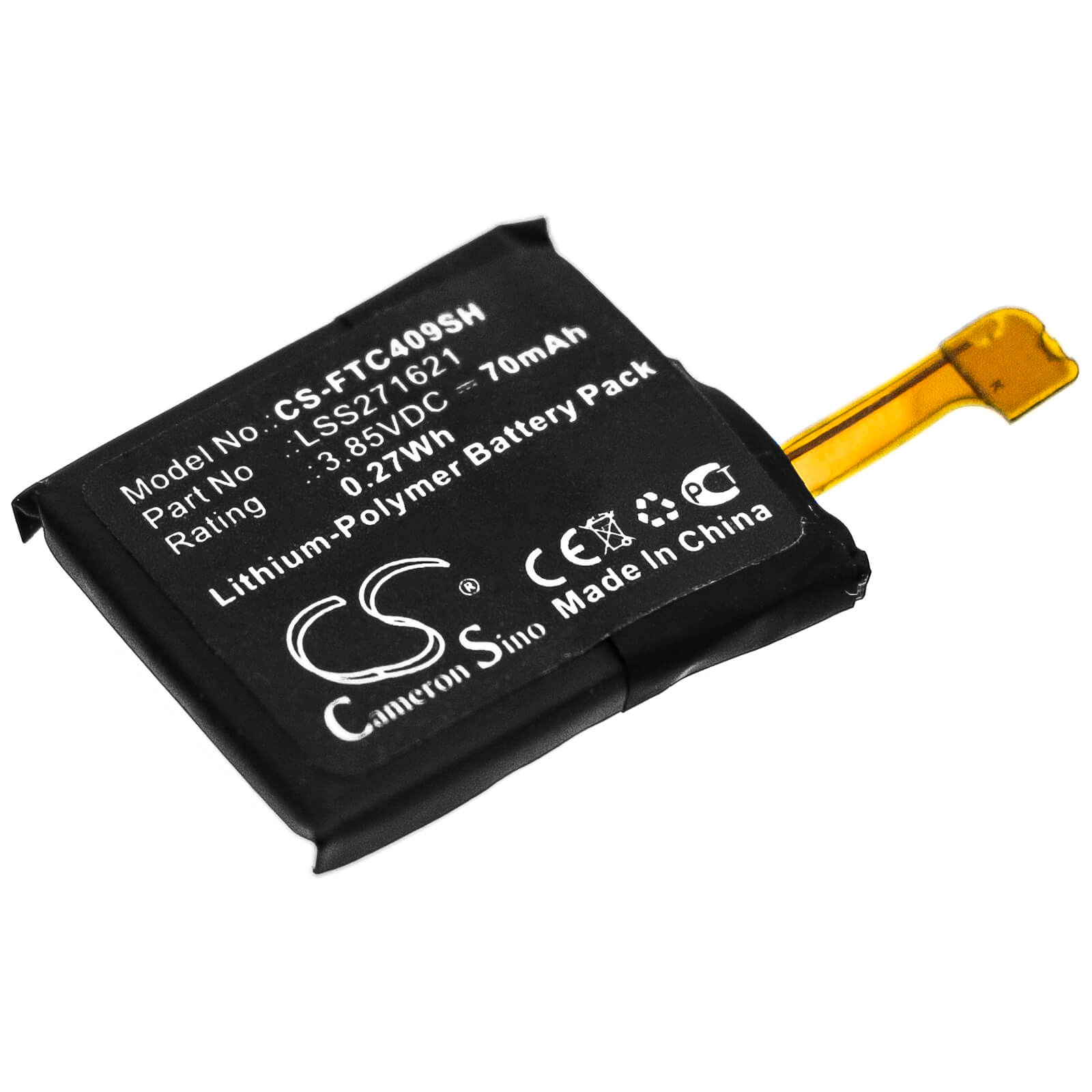 3.85V, 70mAh, Li-Polymer Battery fits Fitbit, Charge 3, Fb409, 0.2695Wh