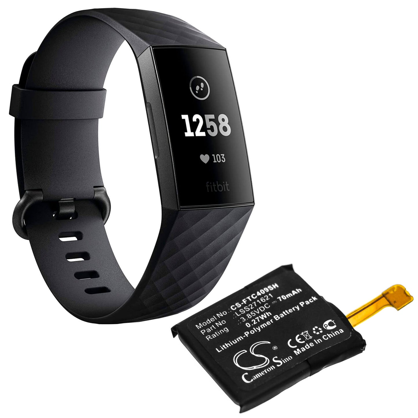 3.85V, 70mAh, Li-Polymer Battery fits Fitbit, Charge 3, Fb409, 0.2695Wh