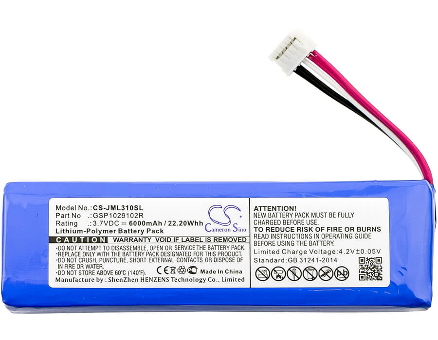 3.7V, 6000mAh, Li-Polymer Battery fits Jbl, Charge 2, Charge 2 Plus, 22.2Wh