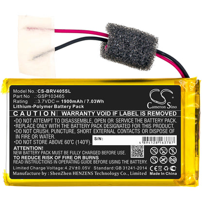 3.7V, 1900mAh, Li-Polymer Battery fits Braven, 405, 7.03Wh