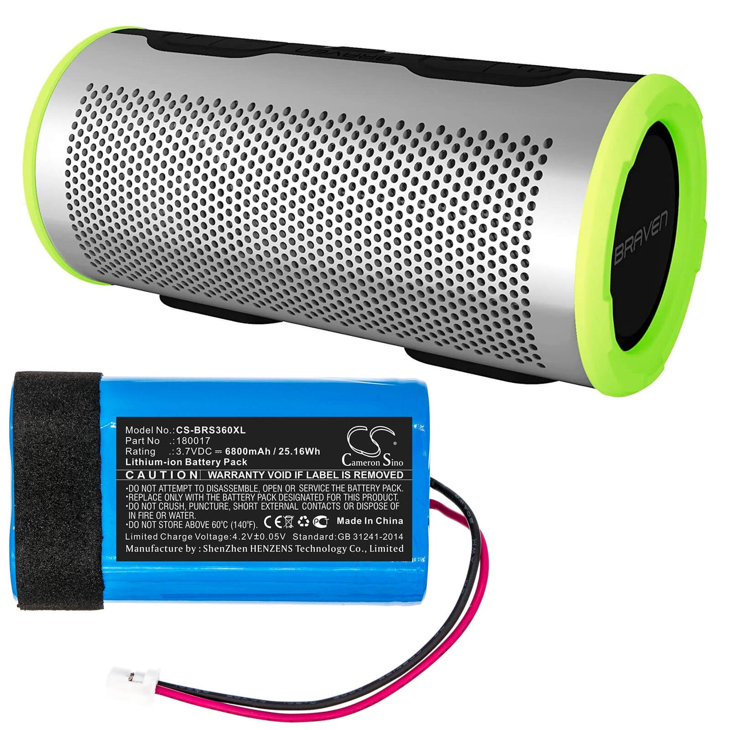3.7V, 6800mAh, Li-ion Battery fits Braven, Stryde 360, 25.16Wh