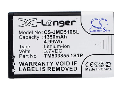 3.7V, 1350mAh, Li-ion Battery fits Jbl, Md-51w, Play Up, 4.995Wh