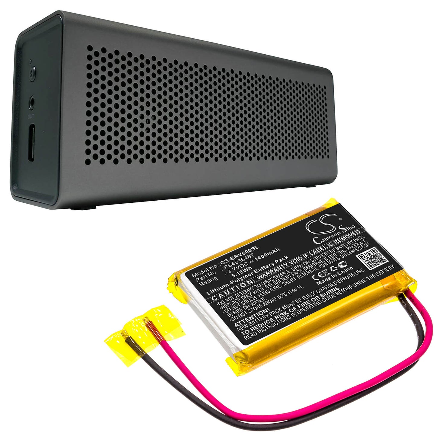 3.7V, 1400mAh, Li-Polymer Battery fits Braven, Braven 600, 5.18Wh