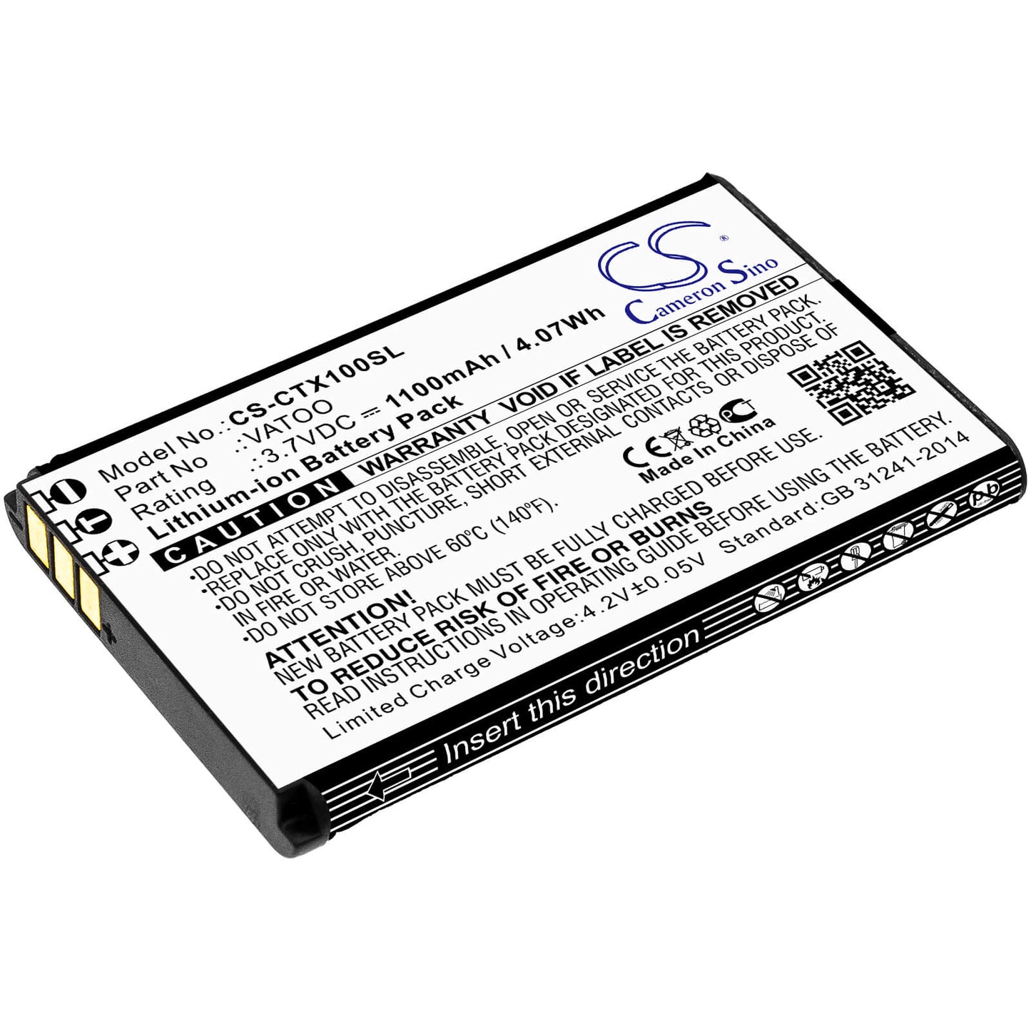 3.7V, 1100mAh, Li-ion Battery fits Contacta, Rf-rx1, Rf-trx, 4.07Wh