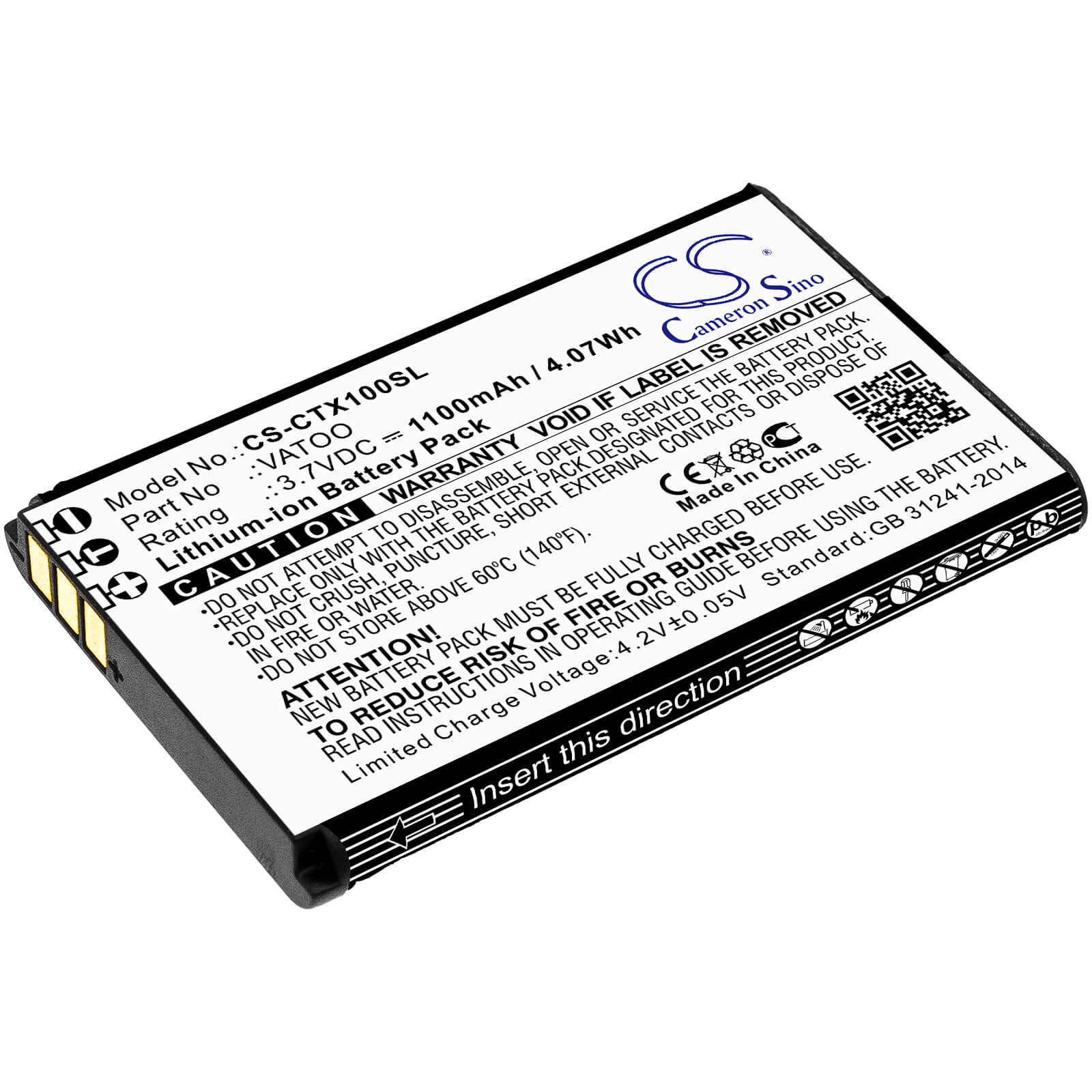 3.7V, 1100mAh, Li-ion Battery fits Contacta, Rf-rx1, Rf-trx, 4.07Wh