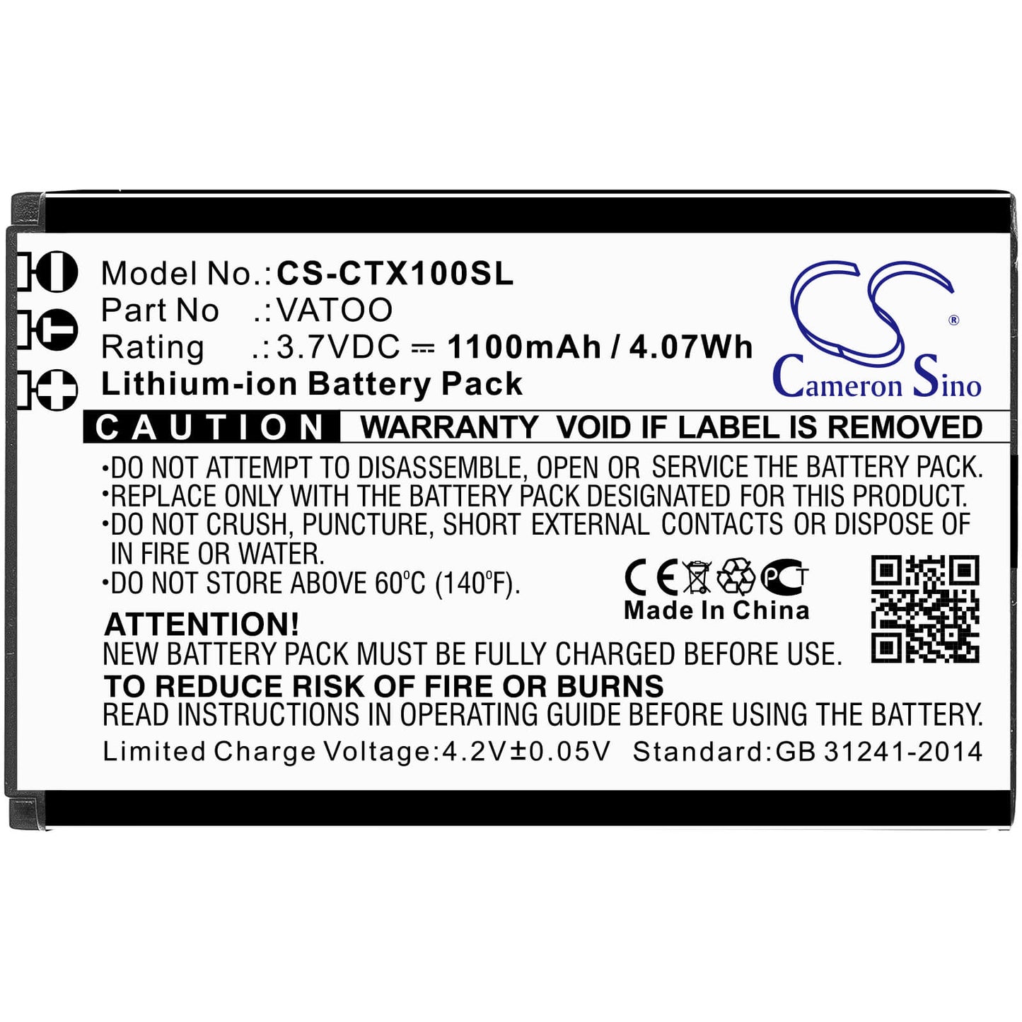 3.7V, 1100mAh, Li-ion Battery fits Contacta, Rf-rx1, Rf-trx, 4.07Wh