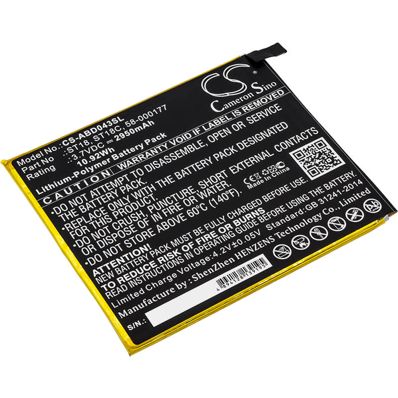 3.7V, 2950mAh, Li-Polymer Battery fits Amazon, B01gew27da, Kindle Fire 7", 10.915Wh