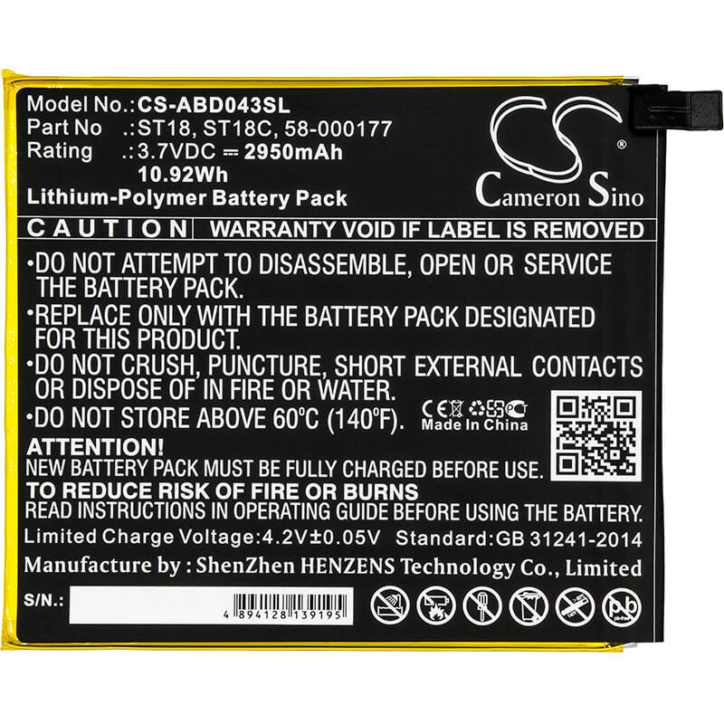 3.7V, 2950mAh, Li-Polymer Battery fits Amazon, B01gew27da, Kindle Fire 7", 10.915Wh
