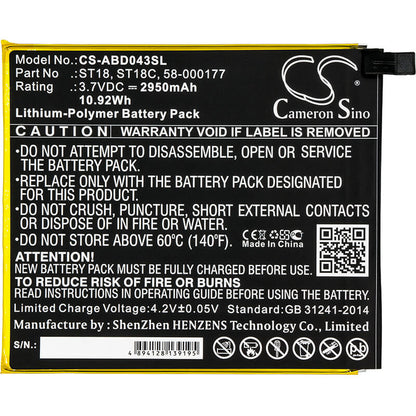 3.7V, 2950mAh, Li-Polymer Battery fits Amazon, B01gew27da, Kindle Fire 7", 10.915Wh