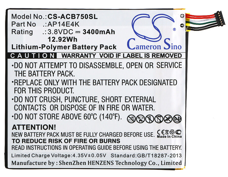 3.8V, 3400mAh, Li-Polymer Battery fits Acer, Iconia One 7 B1-750, 12.92Wh