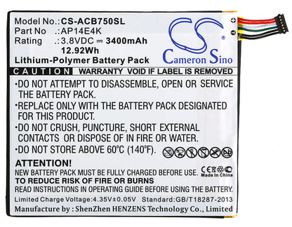 3.8V, 3400mAh, Li-Polymer Battery fits Acer, Iconia One 7 B1-750, 12.92Wh