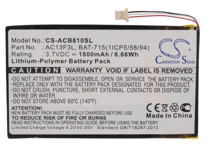 3.7V, 1800mAh, Li-Polymer Battery fits Acer, B1-a71, Iconia B1-a71, 6.66Wh