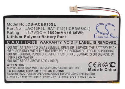 3.7V, 1800mAh, Li-Polymer Battery fits Acer, B1-a71, Iconia B1-a71, 6.66Wh