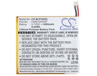 3.7V, 2600mAh, Li-Polymer Battery fits Blu, Bt-e003, P240u, 9.62Wh